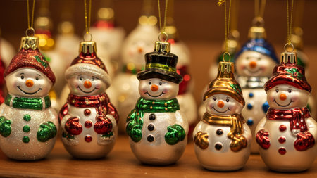 Christmas decoration with snowman and colorful baubles on wooden backgroundの素材