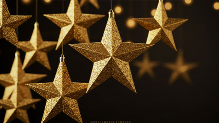Golden stars on black background. Christmas card. 3d rendering.の素材