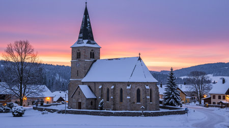 Panoramic view of the church of St. Mary at sunset, Bled, Sloveniaの素材