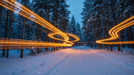 Car light trails in the winter forest. Long exposure photo with long exposure.の素材