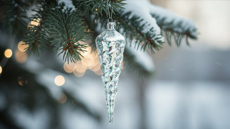 Christmas decoration hanging on a spruce branch with bokeh backgroundの素材