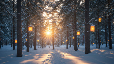 Winter city park at sunset with trees covered with snow and lanternsの素材