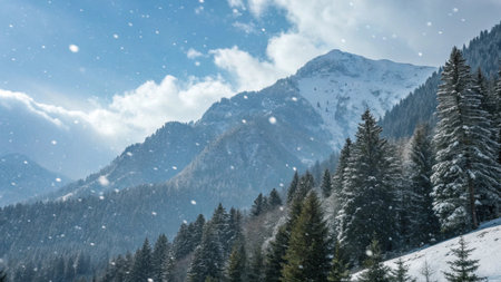 Snowy winter mountains panorama with fir trees and snowflakesの素材