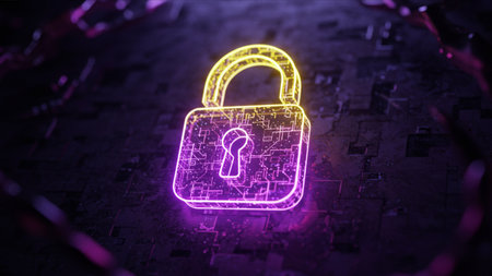 Cyber security concept with glowing padlock on dark background 3D renderingの素材