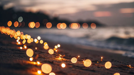 Christmas lights on the beach at sunset. Beautiful bokeh backgroundの素材