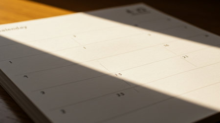 Close up of calendar page with shadow on wood table background, selective focusの素材