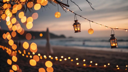 Lanterns on the beach at sunset. Christmas background.の素材