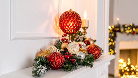 Christmas tree with red and golden baubles on the mantelpieceの素材