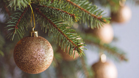 Christmas tree decoration with golden baubles on fir tree branch.の素材