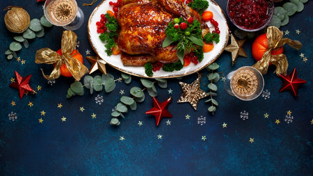 Christmas or New Year dinner. Roasted turkey or chicken with cranberry sauce and Christmas decorations on blue background. Top view, copy space.の素材