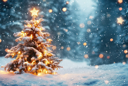 Christmas tree in the snowy forest. Christmas and New Year background.の素材
