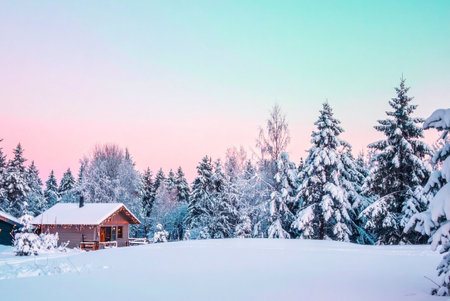 Beautiful winter landscape with wooden house in the forest at sunset.の素材