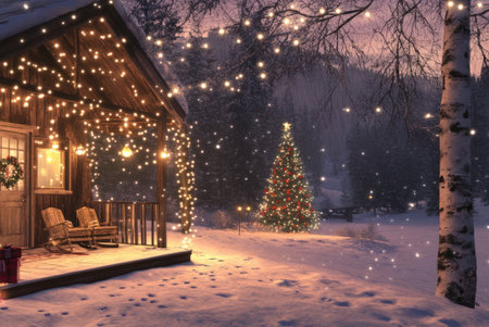 Wooden house with a Christmas tree on the background of a winter nightの素材