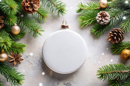 Christmas greeting card. Festive decoration on concrete background. New Year concept. Copy space.  Flat lay. Top view.の素材