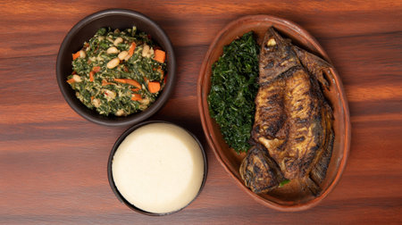 Fried mackerel with kale and spinach in a clay bowlの写真素材