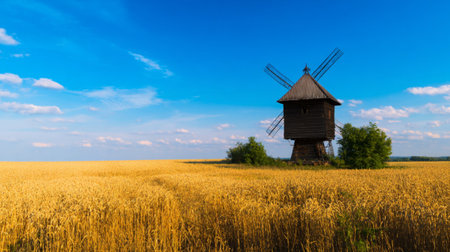 Old windmill in wheat field on blue sky background. Landscape.の写真素材