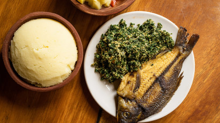 Fried Tilapia fish with mashed potatoes and spinach on wooden tableの写真素材