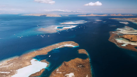 Aerial view of the coral reef and lagoon in Santorini island, Greeceの素材