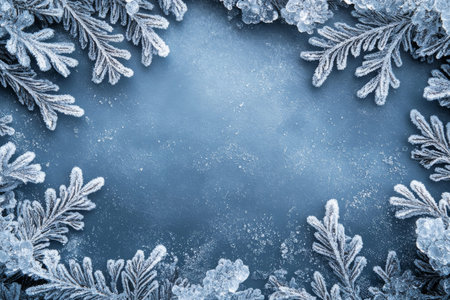 Christmas background with frozen fir branches and snowflakes on blue background