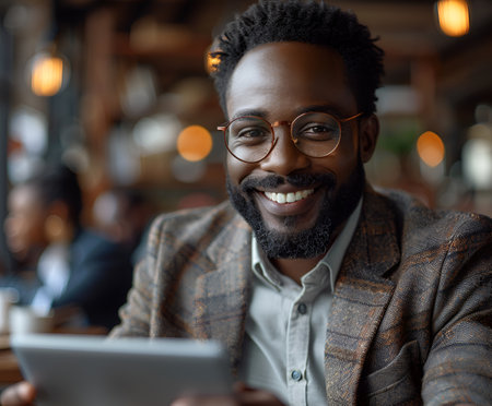 Portrait of smiling african american man in eyeglasses using digital tablet in cafeの素材