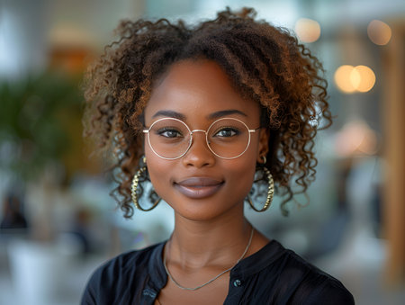 Portrait of a beautiful young african american woman with glassesの素材