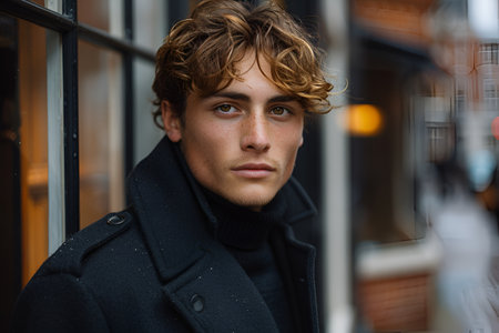 Portrait of a handsome young man in a black coat. Men's beautyの素材