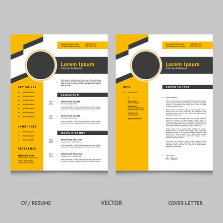 Creative resume template CV black yellow color vector with cover letterのイラスト素材