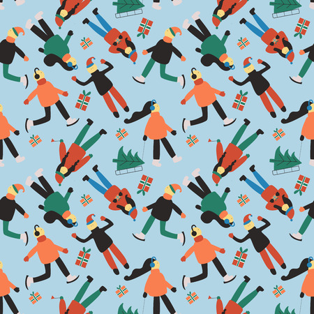 Winter seamless pattern with people: skating man, women with sled, women with gift, men in sweater.Modern art in flat design.のイラスト素材