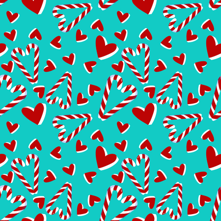 Christmas seamless pattern with candy cane and hearts .Holiday decoration perfect for wallpaper, posrcard, holiday packing, greeting.のイラスト素材