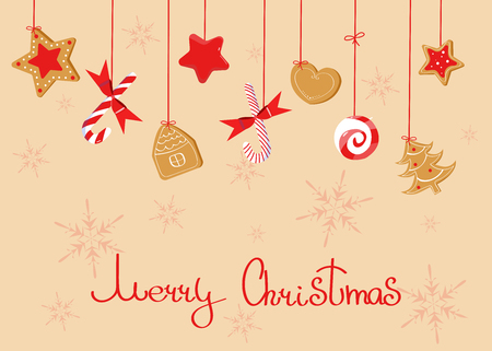 Merry Christmas greeting with sweats: lollipops, ginger cookie, candy cane.のイラスト素材