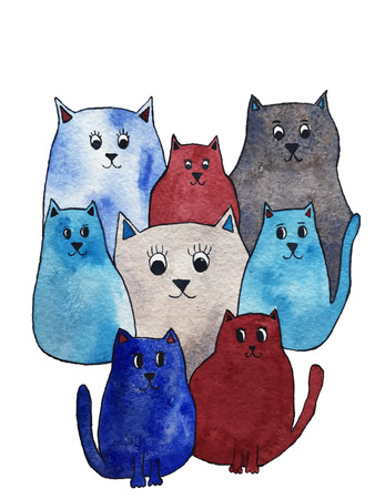 Watercolor illustration of bright cute cats. Cartoon characters.の写真素材