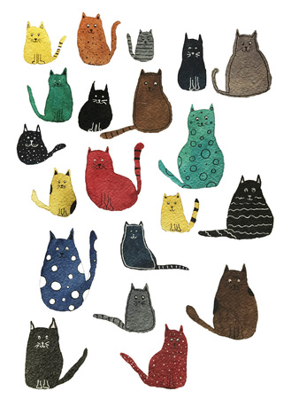 Watercolor illustration of bright cute cats. Cartoon characters.の写真素材