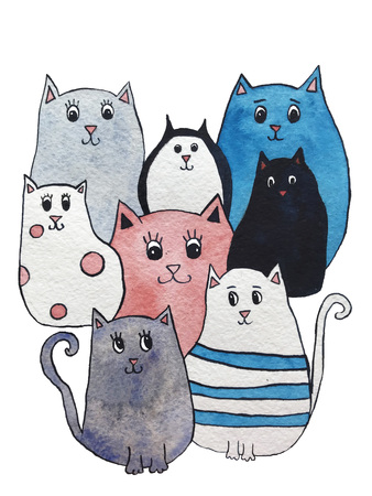 Watercolor illustration of bright cute cats. Cartoon characters.の写真素材