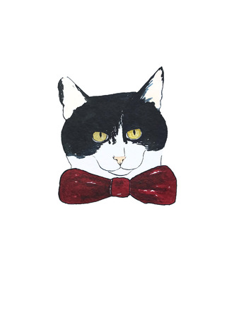 Watercolor illustration of cute cat with red bow. Cartoon characters.の写真素材