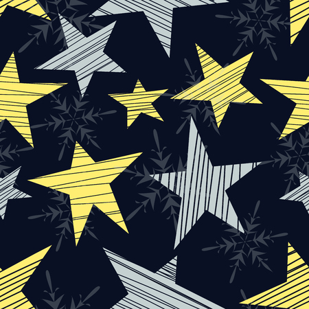 Holiday seamless pattern with stars and snowflakes. Art can be used for holiday packing, postcards, background.のイラスト素材