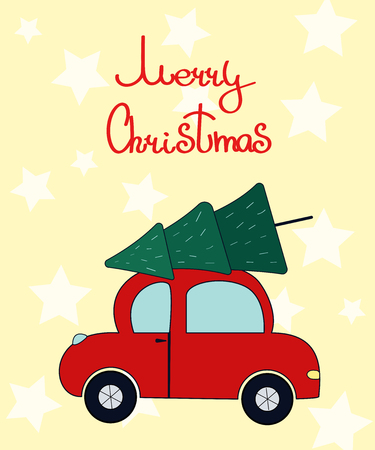 Merry Christmas postcard with car and tree.のイラスト素材