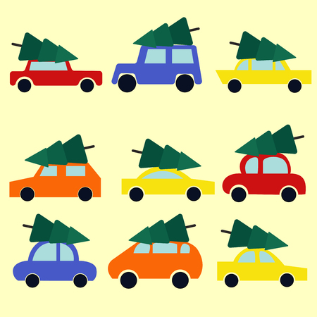 Collection of modern cars with Christmas tree. Holiday art.のイラスト素材