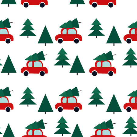 Seamless pattern with cars and christmas tree. Holiday art can be used for postcard, packing. posters, background.のイラスト素材