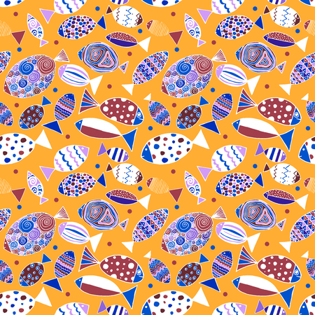 Seamless pattern with fishes. Funny fish outline illustrationのイラスト素材