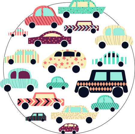 Background with cute modern cars.Art can be used for printing, postcard, poster.のイラスト素材