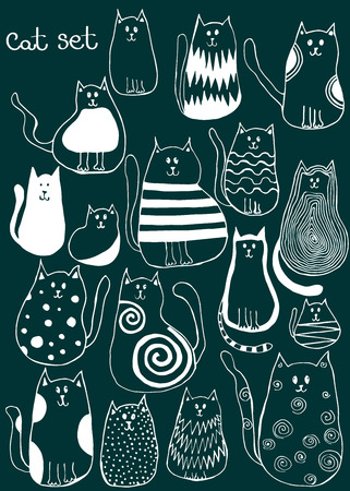 Set of cute doodle cats. Outline animal art.のイラスト素材