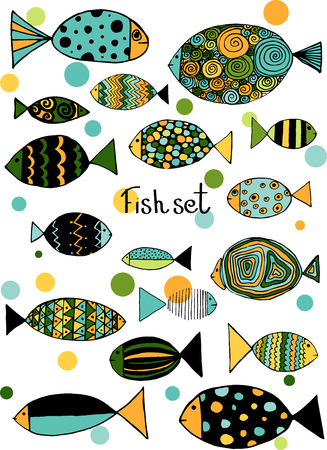 Illustration with fishes. Funny fish outline art.のイラスト素材