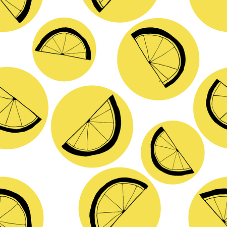 Seamless pattern of slices of lemons. Black linear drawing on yellow circles.のイラスト素材