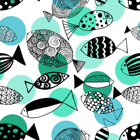 Seamless pattern with fishes. Funny fish outline illustrationのイラスト素材