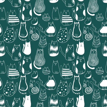 Seamless pattern with cute doodle cats. Outline animal art.のイラスト素材