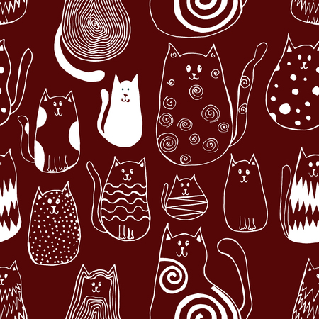 Seamless pattern with cute doodle cats. Outline animal art.のイラスト素材