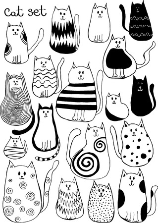 Vector illustration with cute doodle cats. Outline animal art.のイラスト素材