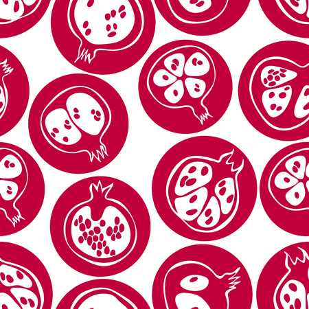 Seamless pattern with outline pomegranate on crimson circles. Hand drawn doodle art.のイラスト素材