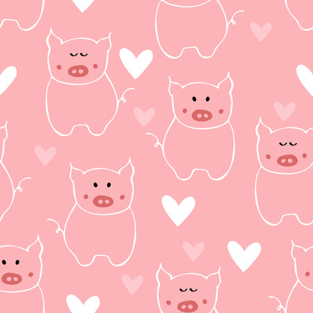 Seamless pattern with outline white pig and heart. The symbol of New 2019 year. Romantic pink background.のイラスト素材