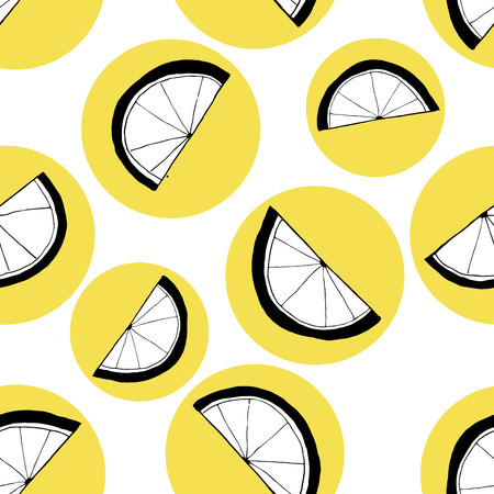 Seamless pattern with doodle lemons on yellow circles. Art can be used fow backgrounds, posters, postcard, banner.のイラスト素材